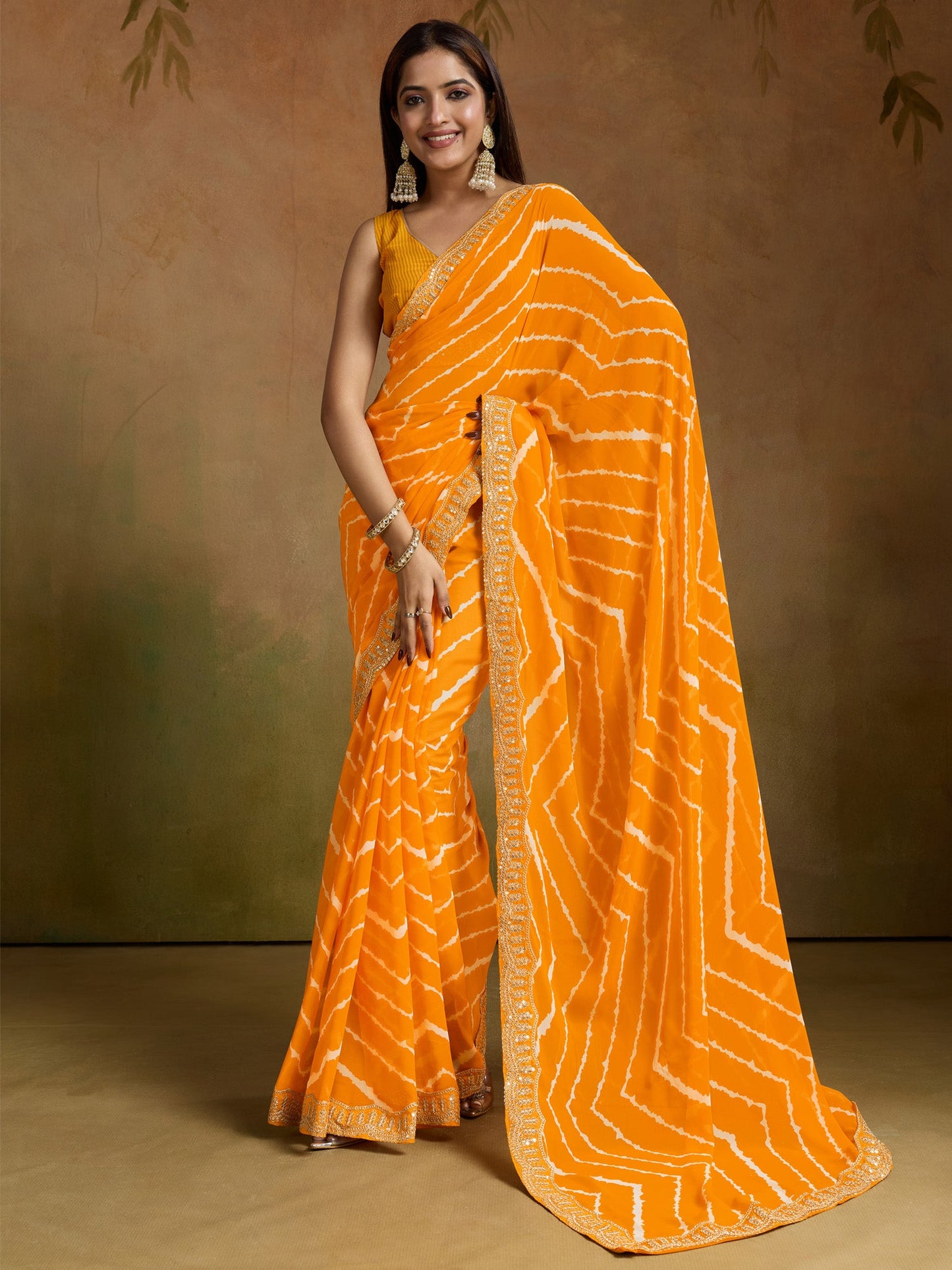 Women's Georgette Red Printed Designer Saree With Blouse Piece