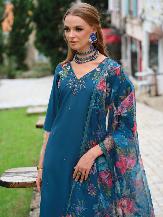 Purple Embroidered Straight Kurta Trousers With Dupatta Set