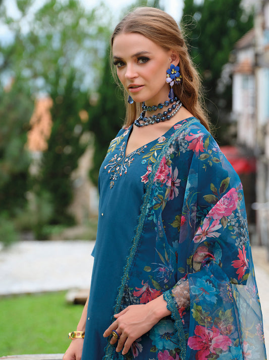 Purple Embroidered Straight Kurta Trousers With Dupatta Set
