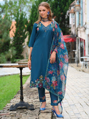 Purple Embroidered Straight Kurta Trousers With Dupatta Set