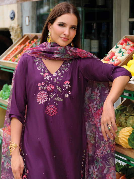 Purple Embroidered Straight Kurta Trousers With Dupatta Set