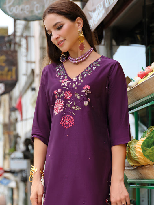 Purple Embroidered A-Line Kurta Trousers With Dupatta Set