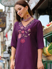 Purple Embroidered A-Line Kurta Trousers With Dupatta Set