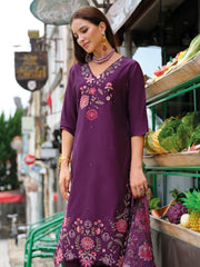 Purple Embroidered A-Line Kurta Trousers With Dupatta Set