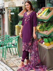 Purple Embroidered A-Line Kurta Trousers With Dupatta Set