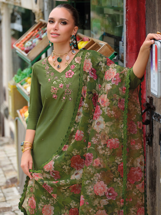 Yellow Embroidered A-Line Kurta Trousers With Dupatta Set