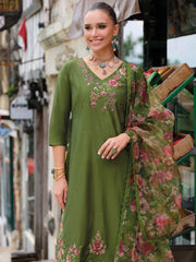 Yellow Embroidered A-Line Kurta Trousers With Dupatta Set