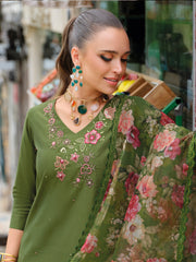 Yellow Embroidered A-Line Kurta Trousers With Dupatta Set