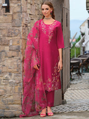 Green Embroidered Straight Kurta Trousers With Dupatta Set
