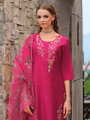 Green Embroidered Straight Kurta Trousers With Dupatta Set