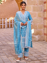 Blue Embroidered Straight Kurta Trousers With Dupatta Set