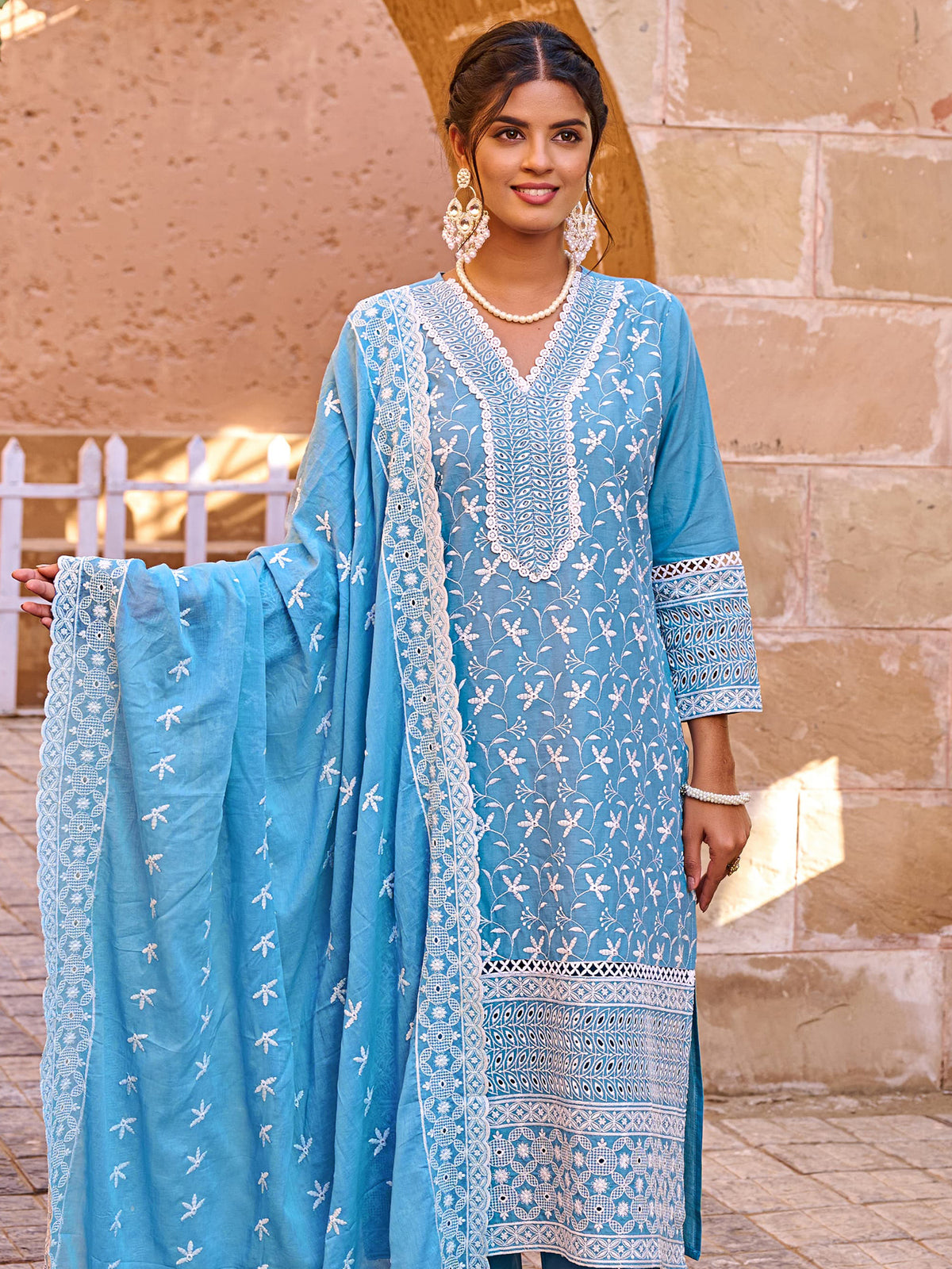 Blue Embroidered Straight Kurta Trousers With Dupatta Set