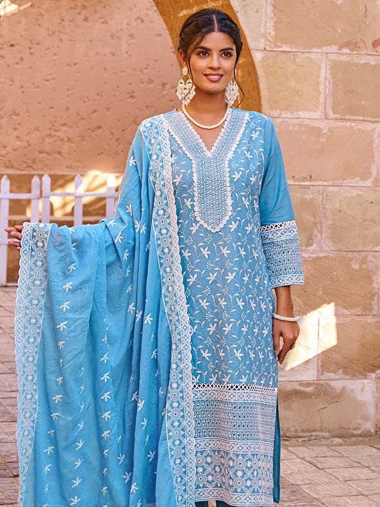Blue Embroidered Straight Kurta Trousers With Dupatta Set