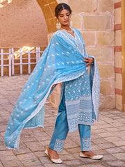 Blue Embroidered Straight Kurta Trousers With Dupatta Set