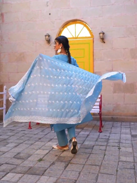 Blue Embroidered Straight Kurta Trousers With Dupatta Set