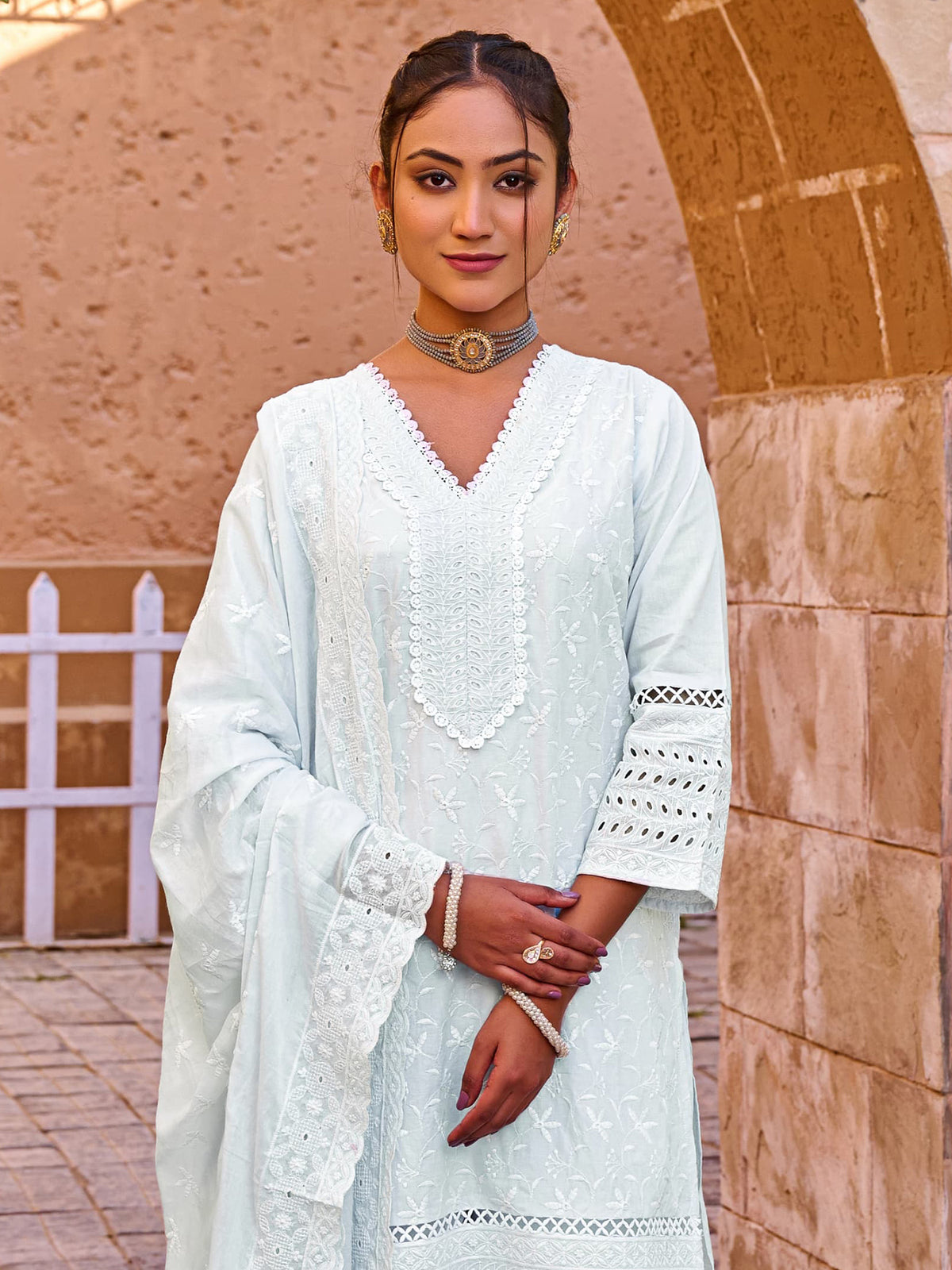 Blue Embroidered Straight Kurta Trousers With Dupatta set
