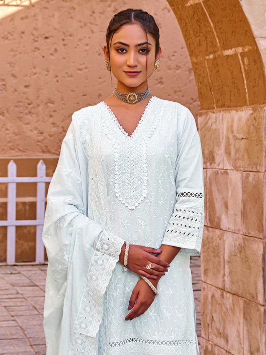 Blue Embroidered Straight Kurta Trousers With Dupatta set
