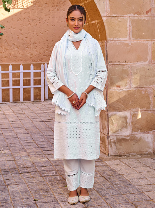 Blue Embroidered Straight Kurta Trousers With Dupatta set