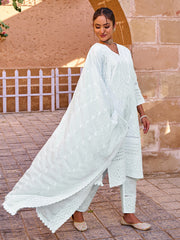Blue Embroidered Straight Kurta Trousers With Dupatta set