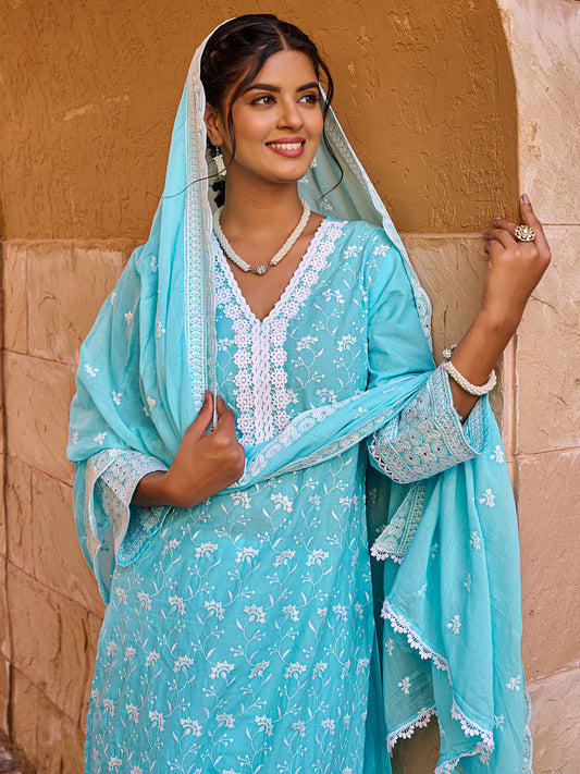 Blue Embroidered Straight Kurta Trousers With Dupatta set