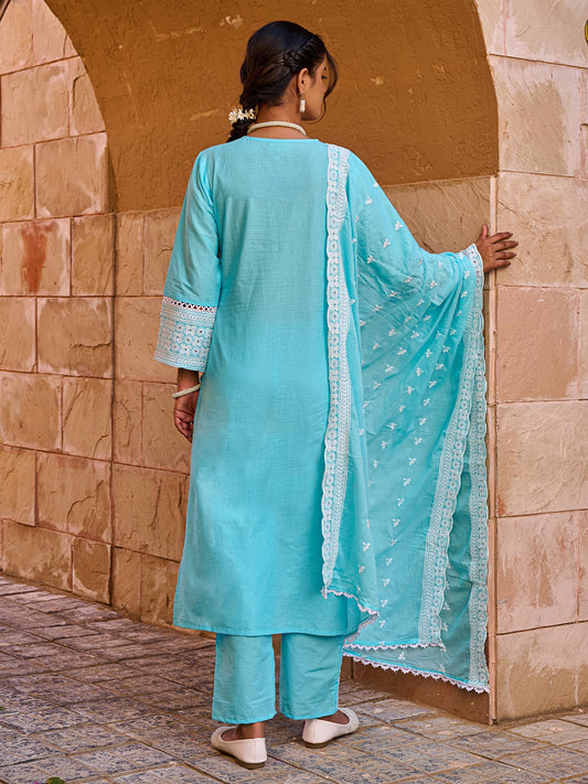 Blue Embroidered Straight Kurta Trousers With Dupatta set