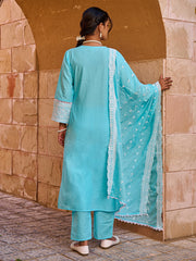 Blue Embroidered Straight Kurta Trousers With Dupatta set
