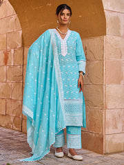 Blue Embroidered Straight Kurta Trousers With Dupatta set