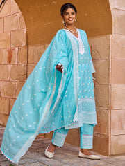 Blue Embroidered Straight Kurta Trousers With Dupatta set