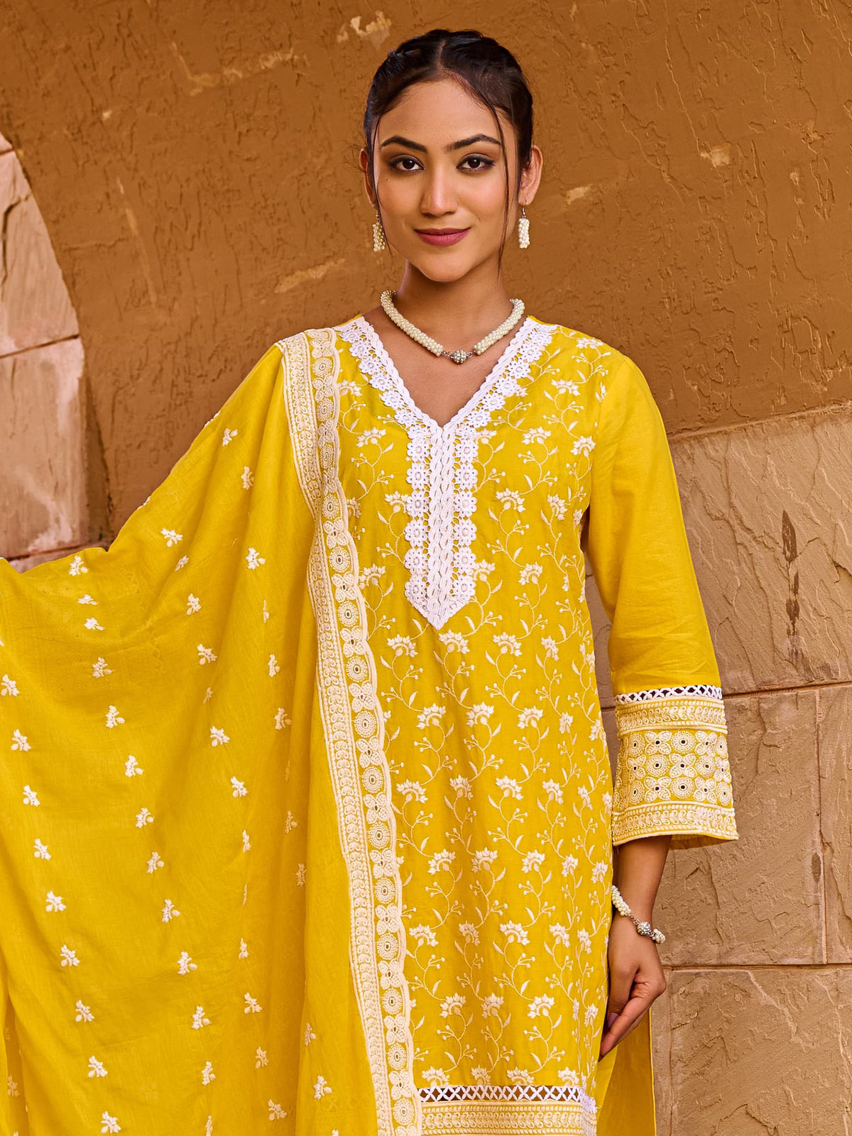 Grey Embroidered Straight Kurta Trousers With Dupatta set