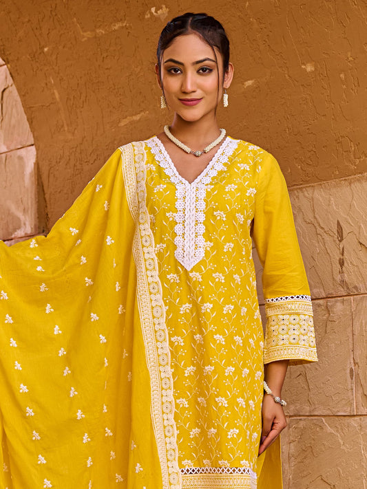 Grey Embroidered Straight Kurta Trousers With Dupatta set