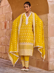 Grey Embroidered Straight Kurta Trousers With Dupatta set