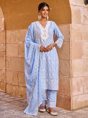 Pink Embroidered Straight Kurta Trousers With Dupatta set