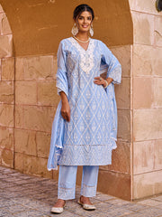 Pink Embroidered Straight Kurta Trousers With Dupatta set
