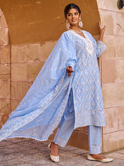 Pink Embroidered Straight Kurta Trousers With Dupatta set