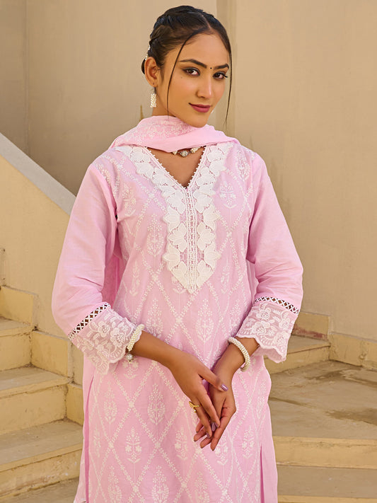 Black Embroidered Straight Kurta Trousers With Dupatta set