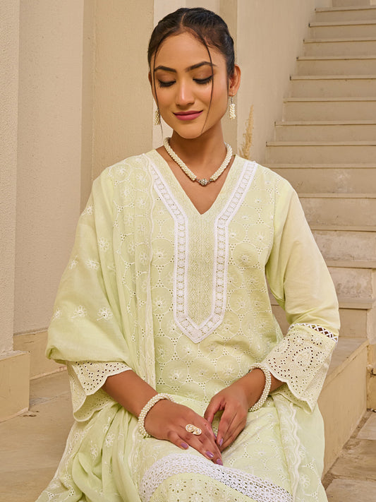 Yellow Embroidered Straight Kurta Trousers With Dupatta set