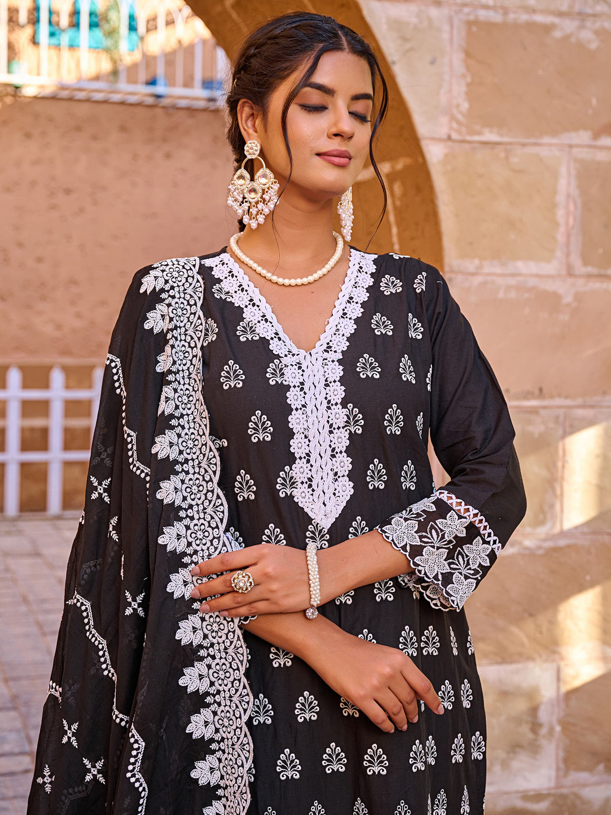 Pink Embroidered Straight Kurta Trousers With Dupatta Set