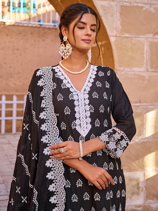 Pink Embroidered Straight Kurta Trousers With Dupatta Set