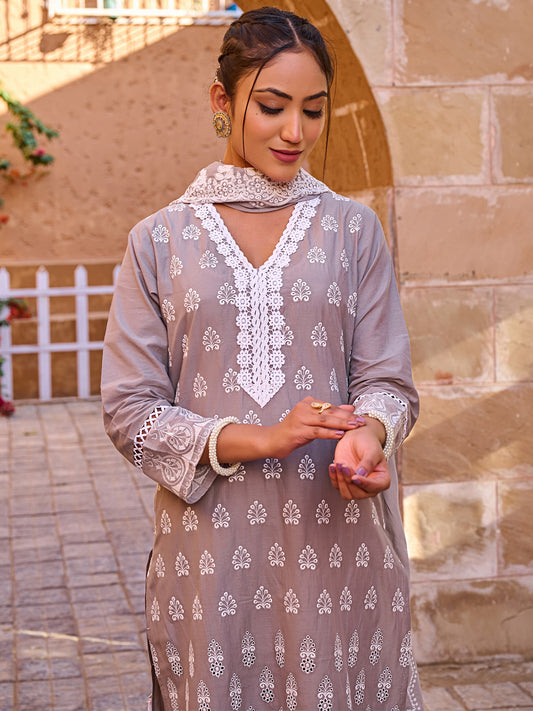 Pink Embroidered Straight Kurta Trousers With Dupatta set