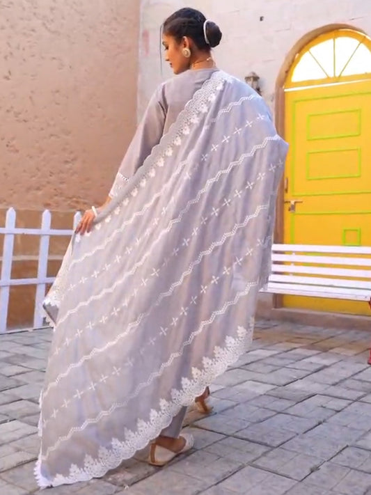 Pink Embroidered Straight Kurta Trousers With Dupatta set