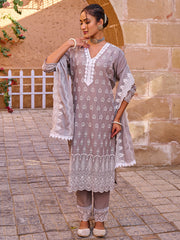 Pink Embroidered Straight Kurta Trousers With Dupatta set