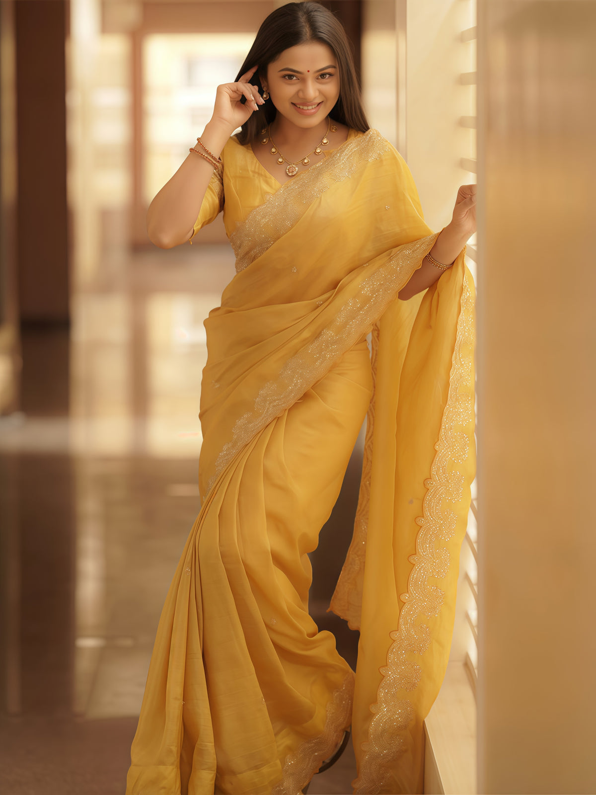 Women's Tissue Yellow Embellished Designer Saree With Blouse Piece