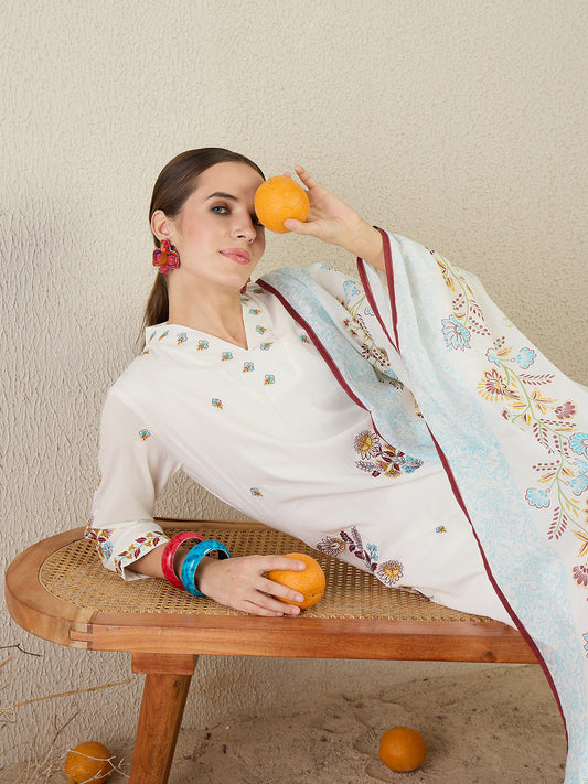 White Embroidered Straight Kurta Trousers With Dupatta Set