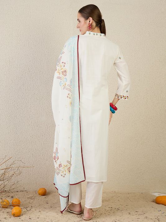 Printed Straight Kurta Trousers With Dupatta Set