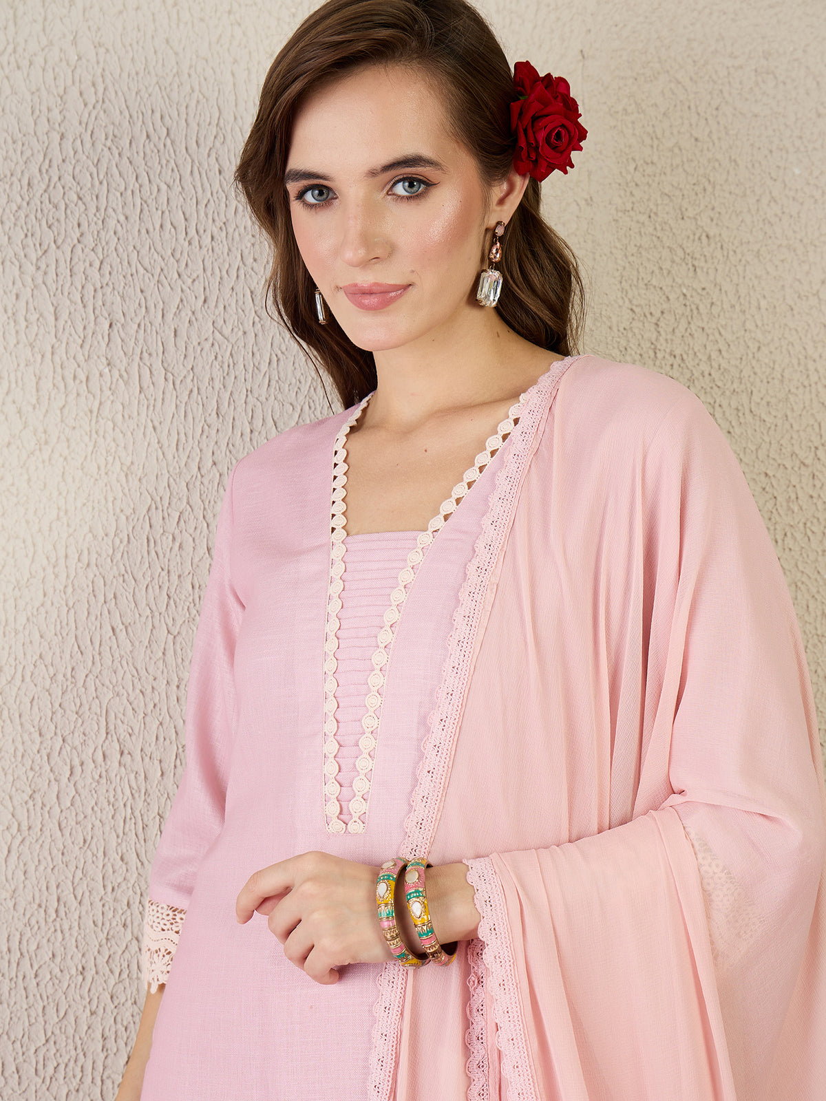 Peach Embroidered Straight Kurta Trousers With Dupatta Set