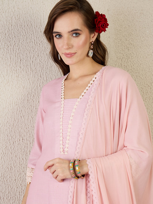 Peach Embroidered Straight Kurta Trousers With Dupatta Set