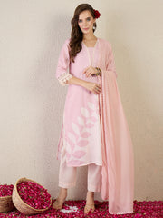 Peach Embroidered Straight Kurta Trousers With Dupatta Set