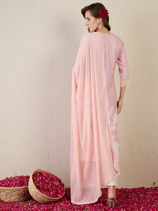 Peach Embroidered Straight Kurta Trousers With Dupatta Set