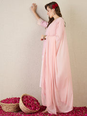 Peach Embroidered Straight Kurta Trousers With Dupatta Set