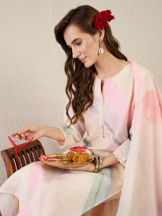 Printed Straight Kurta Trousers With Dupatta Set